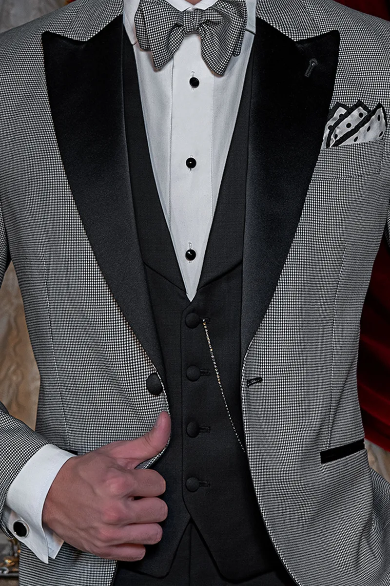 Smoking uomo da gala in pied poul, gilet e pantalone nero 3