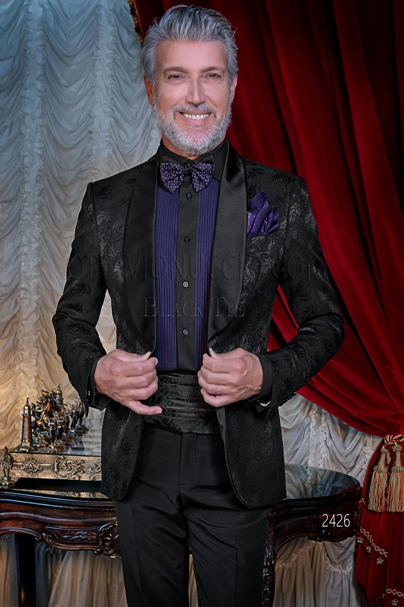 Smoking uomo rever a scialle da gala in jacquard lana seta nero 1