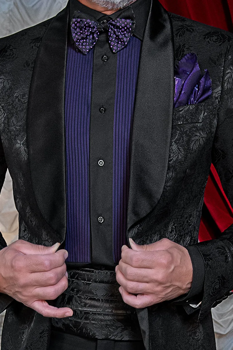 Smoking uomo rever a scialle da gala in jacquard lana seta nero 4