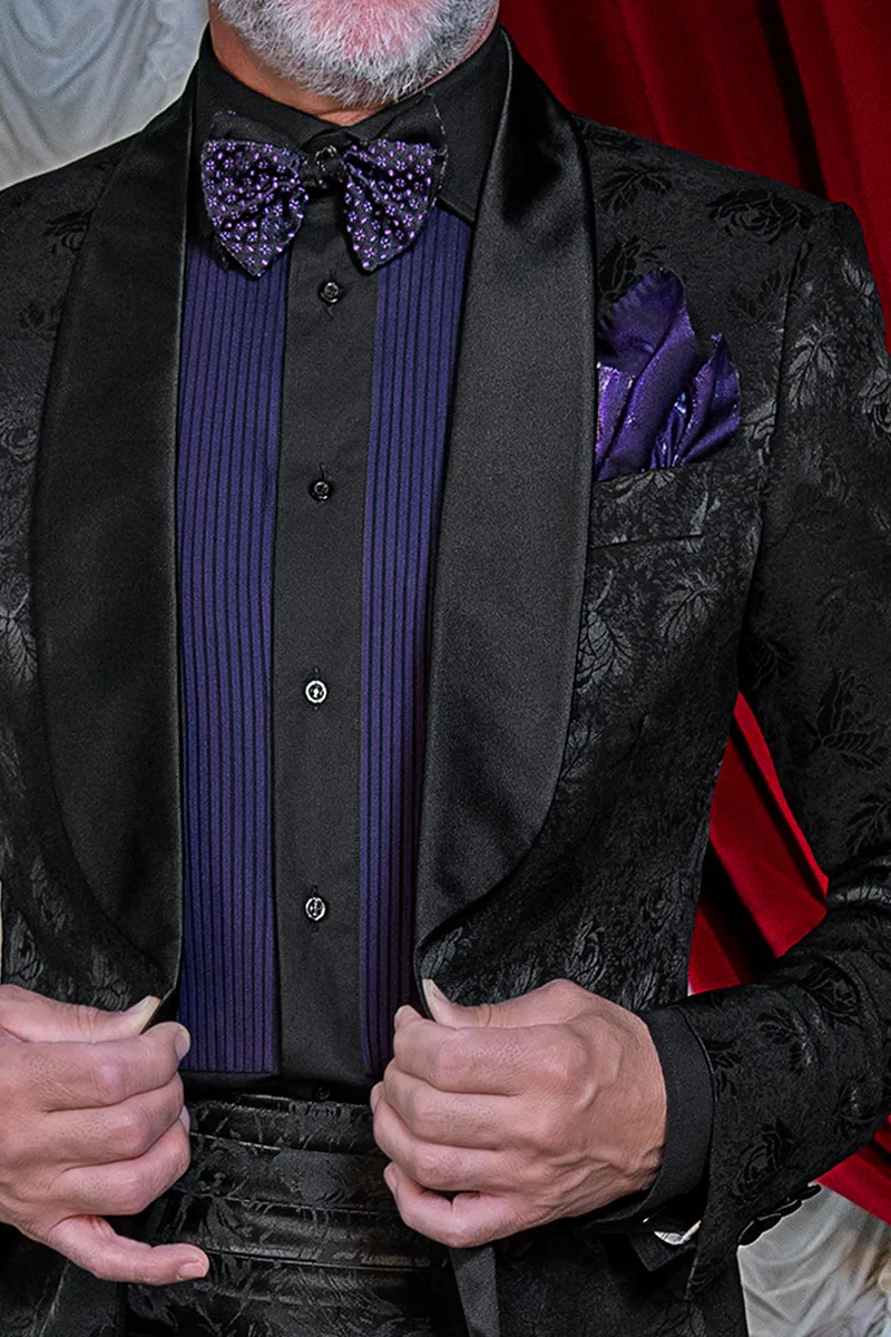Smoking uomo rever a scialle da gala in jacquard lana seta nero 2