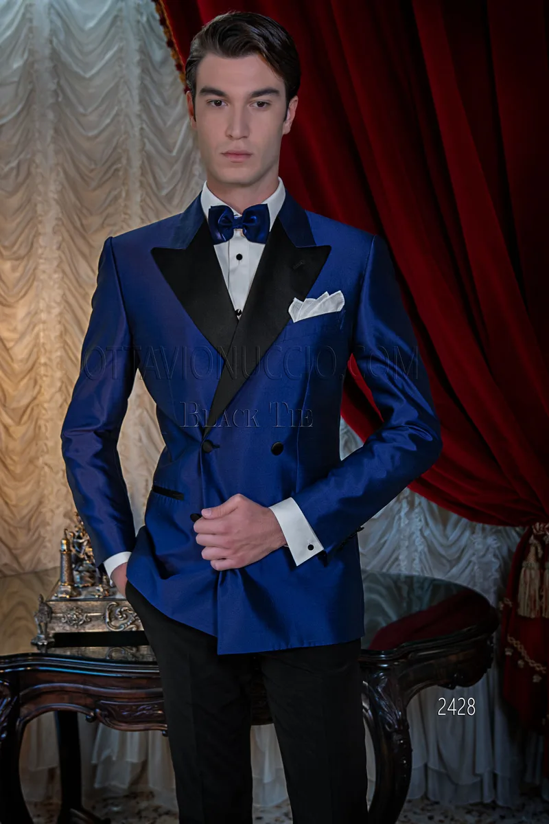 Smoking uomo doppiopetto blu elettrico shantung da gala 1