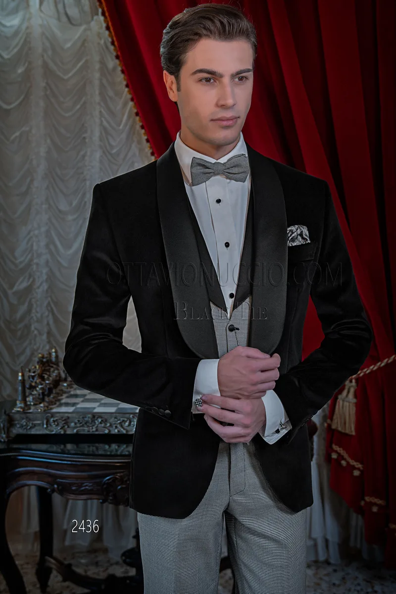 Smoking uomo elegante da sera velluto nero, gilet e pantalone pied de poul 1