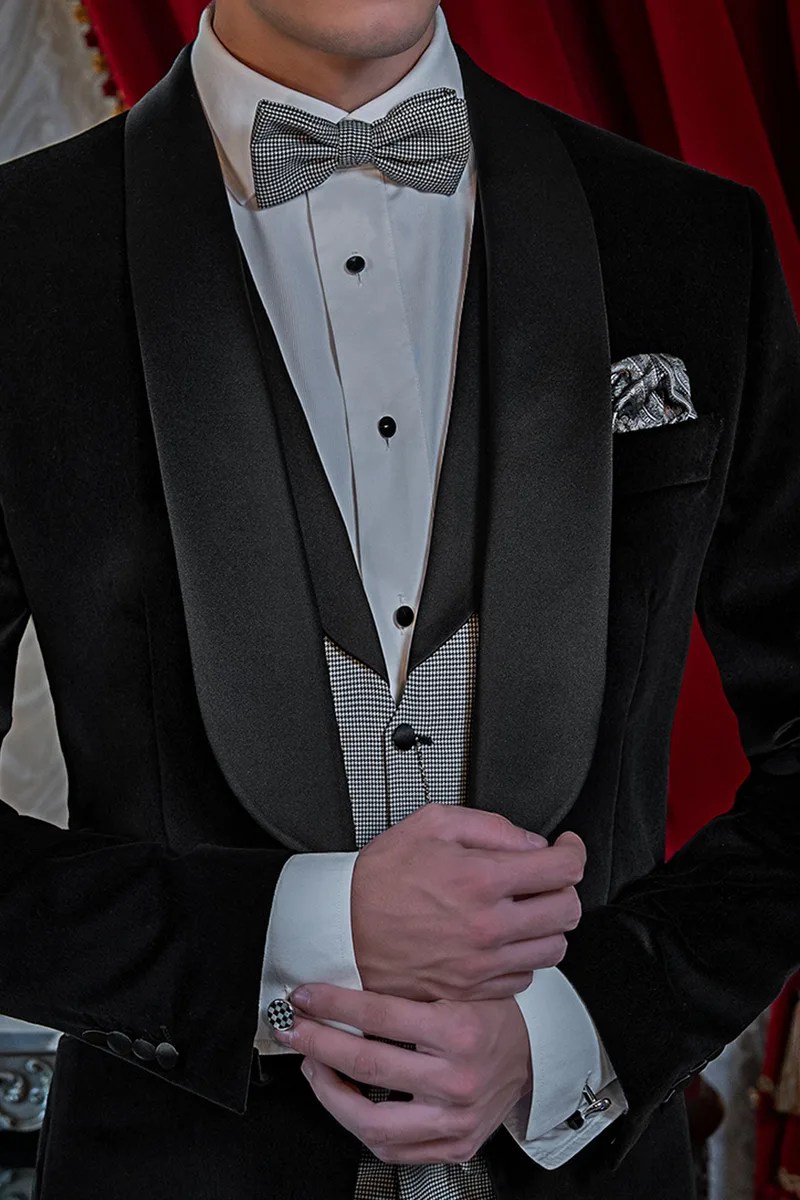 Smoking uomo elegante da sera velluto nero, gilet e pantalone pied de poul 3