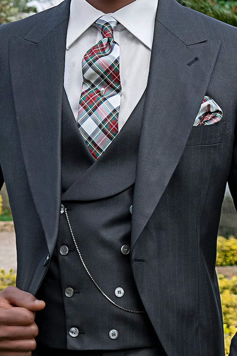 Gilet sciallato in tessuto gessto nero e riga bordeaux