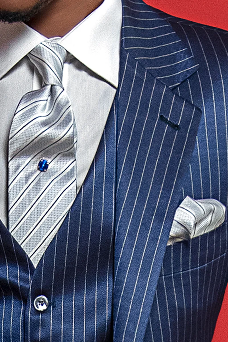 Abito 3 pezzi moda sposo fashion gessato blu royal 3