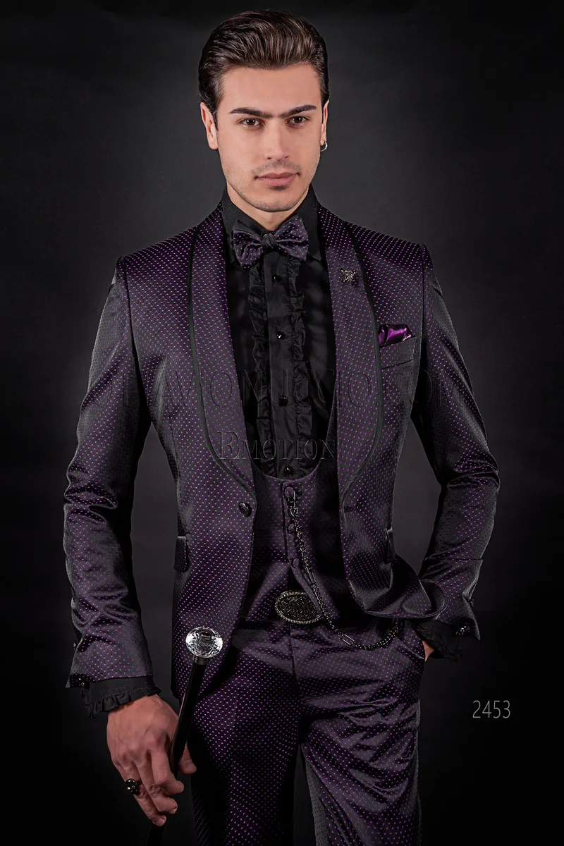 Abito smoking sposo moderno sciallato nero pois viola 1