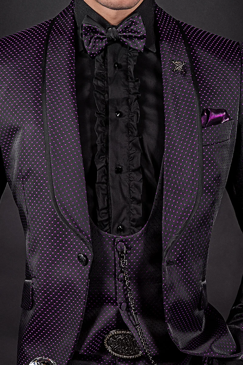 Abito smoking sposo moderno sciallato nero pois viola 2