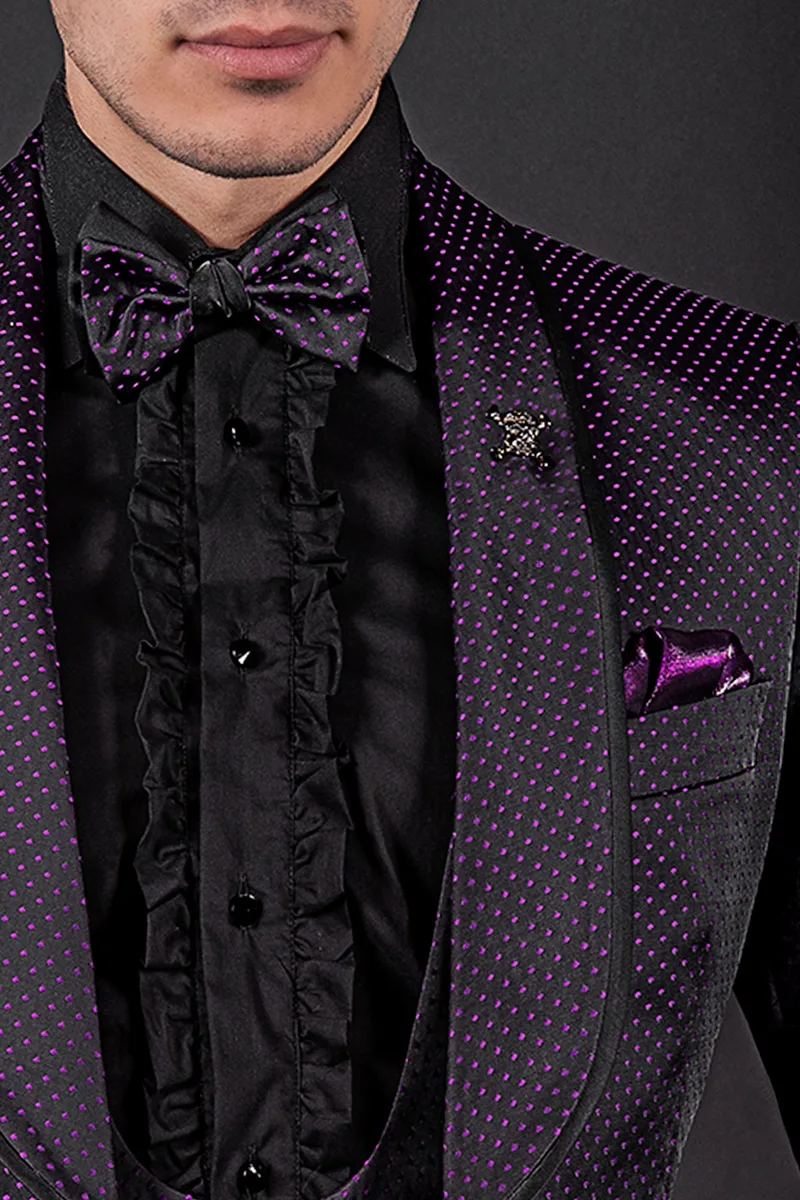 Abito smoking sposo moderno sciallato nero pois viola 3