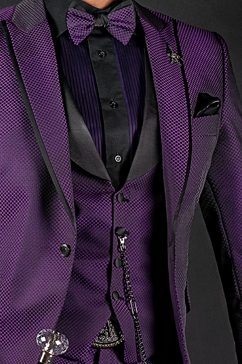 Abito cerimonia uomo fashion in jacquard viola, profilo sul rever 2