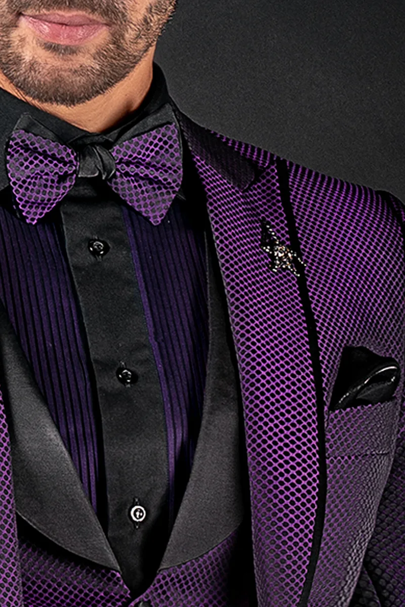 Abito cerimonia uomo fashion in jacquard viola, profilo sul rever 3
