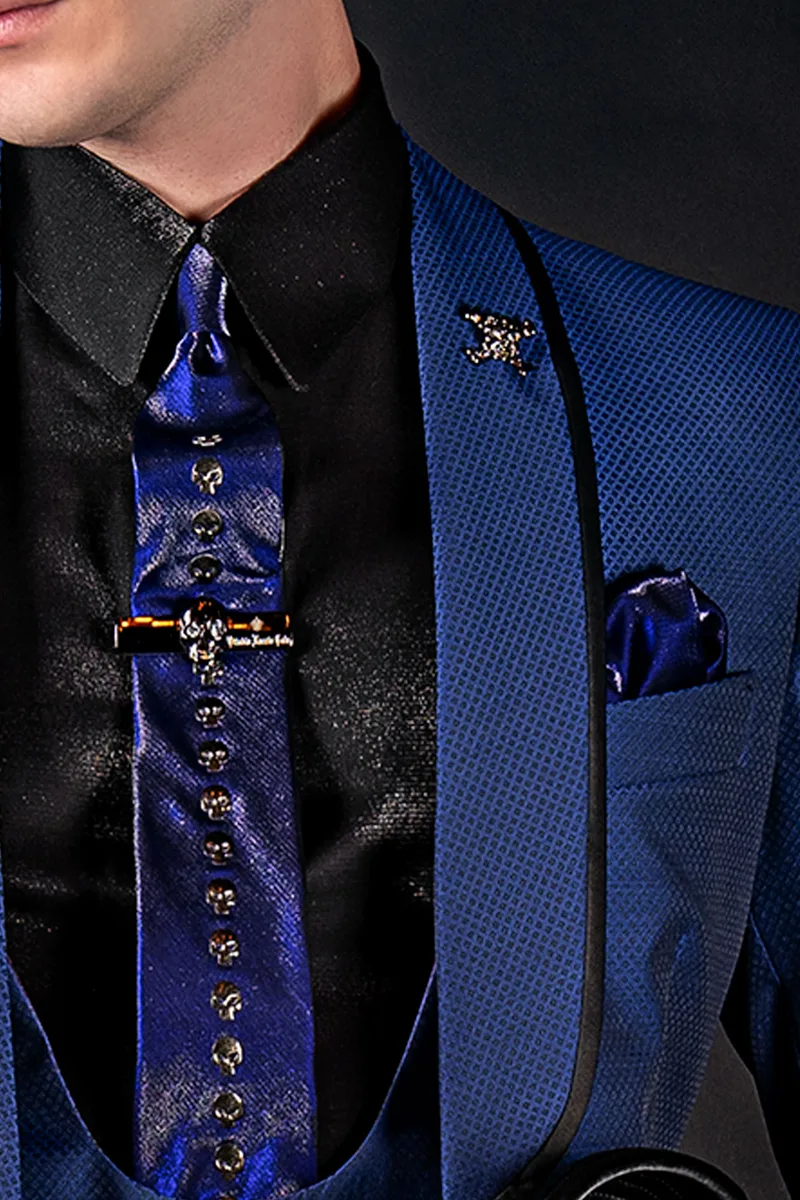 Vestito sposo particolare in jacquard blu royal rever sciallato 3