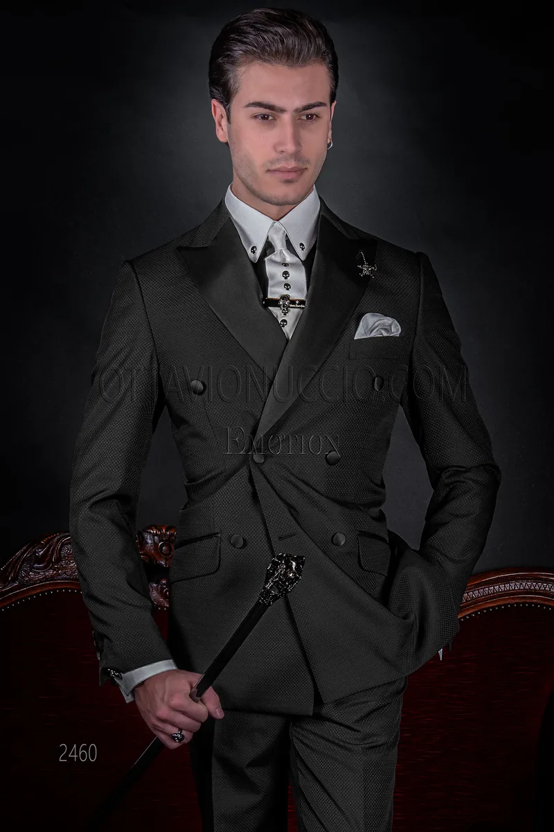Abito moderno doppiopetto uomo jacquard nero, rever raso nero 1