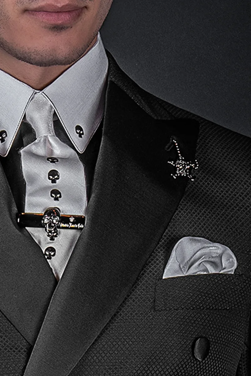 Abito moderno doppiopetto uomo jacquard nero, rever raso nero 2