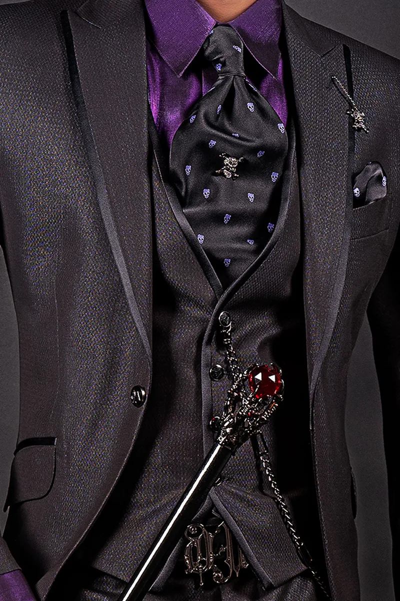 Vestito sposo nero moderno jacquard, bordino raso su rever 2
