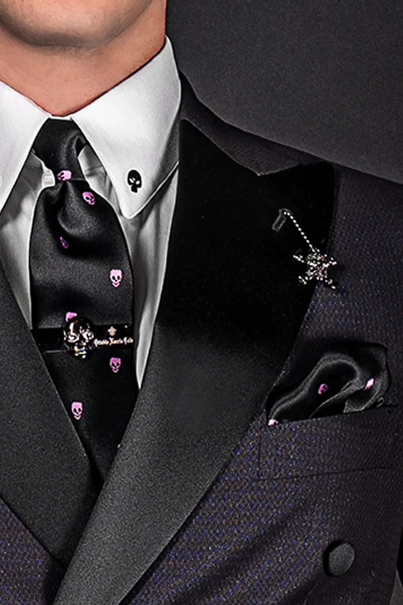 Abito cerimonia uomo doppiopetto nero in tessuto jacquard 2