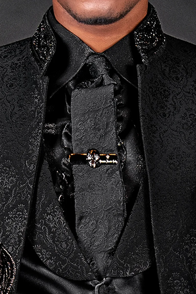 Abito sposo collo coreano gotico jacquard nero con cristalli 2