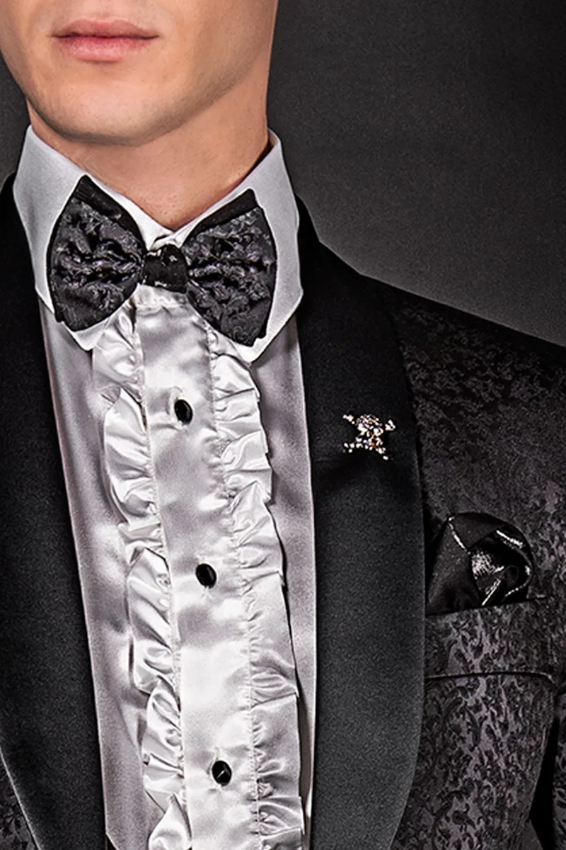 Giacca moda uomo in nero damascato, gilet e pantaloni neri 3