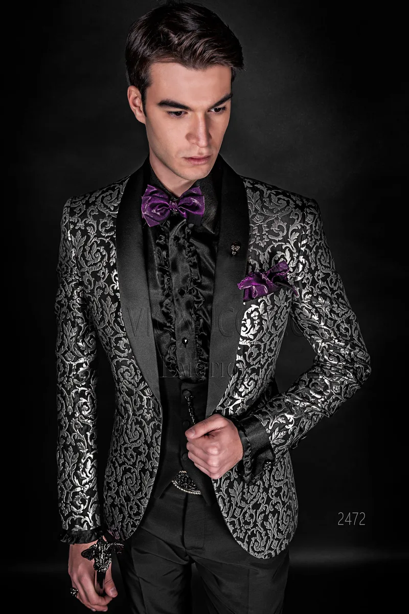 Giacca smoking moda uomo broccata argento e nero 1