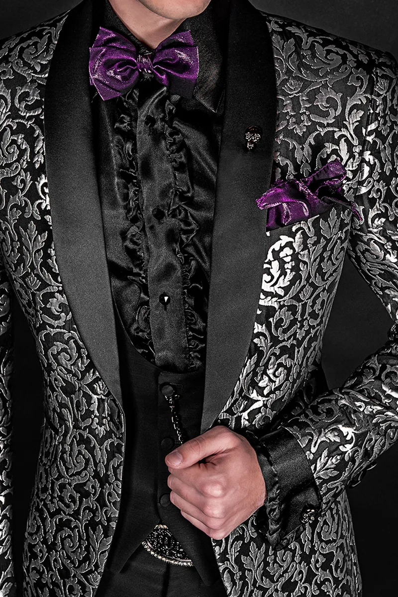 Giacca smoking moda uomo broccata argento e nero 2
