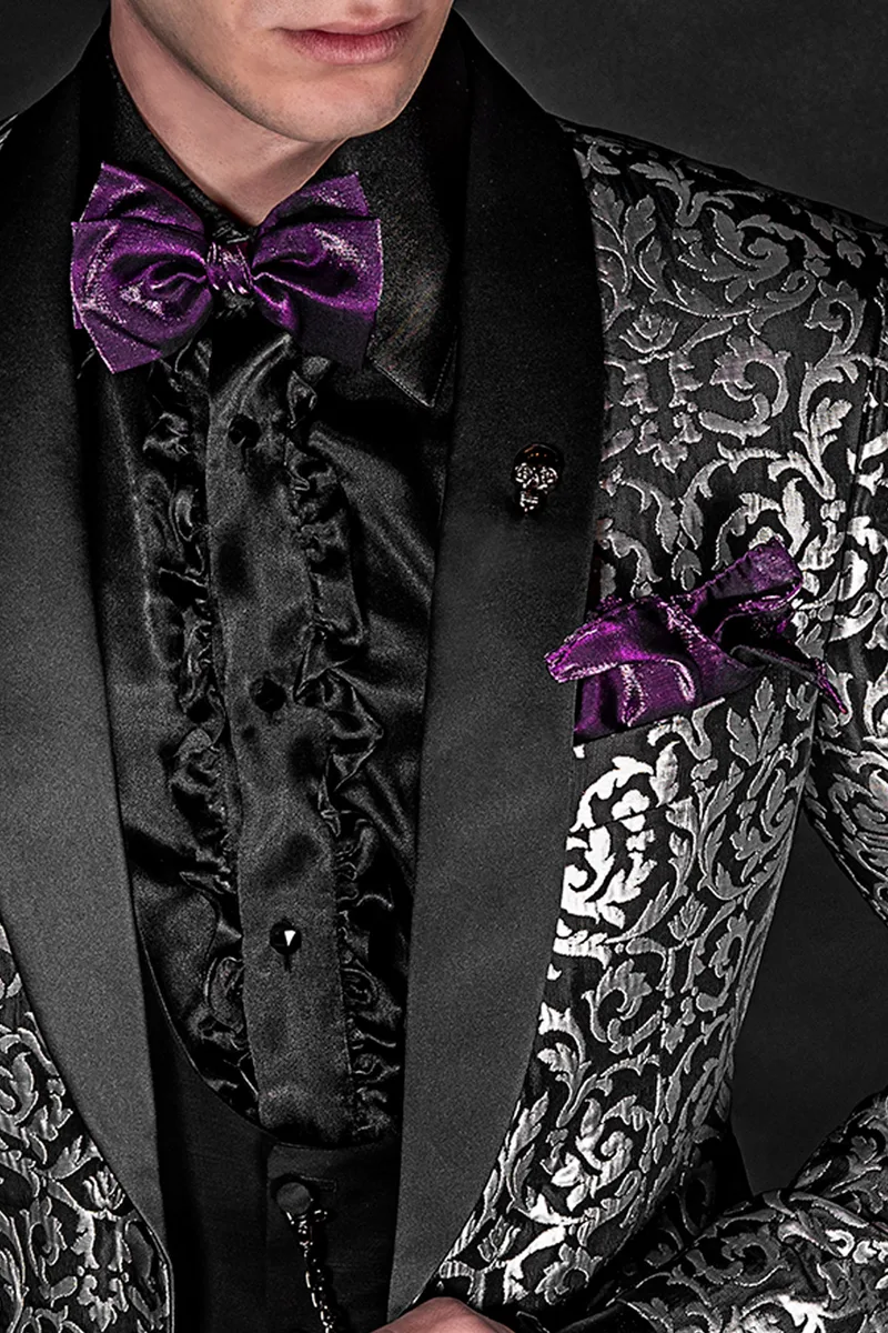 Giacca smoking moda uomo broccata argento e nero 3