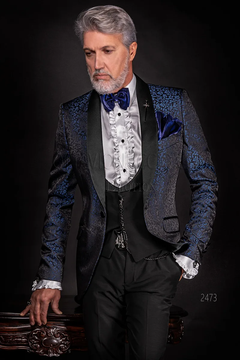 Giacca smoking blu damascato per matrimonio uomo moderno 1