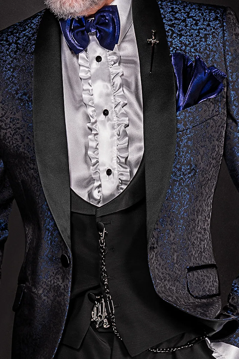 Giacca smoking blu damascato per matrimonio uomo moderno 2