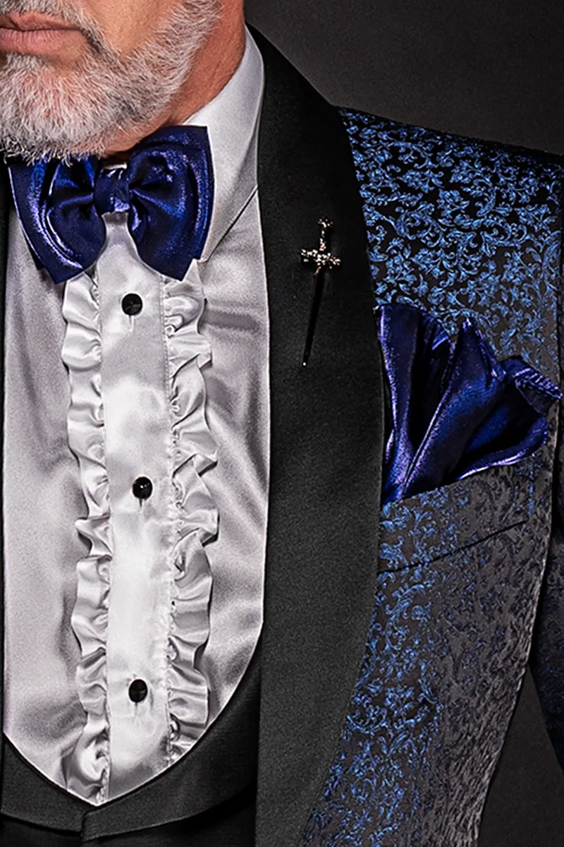 Giacca smoking blu damascato per matrimonio uomo moderno 3