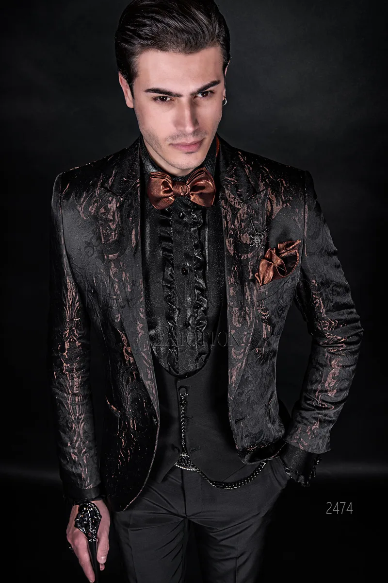 Abito matrimonio uomo moderno broccato bronzo e nero 1