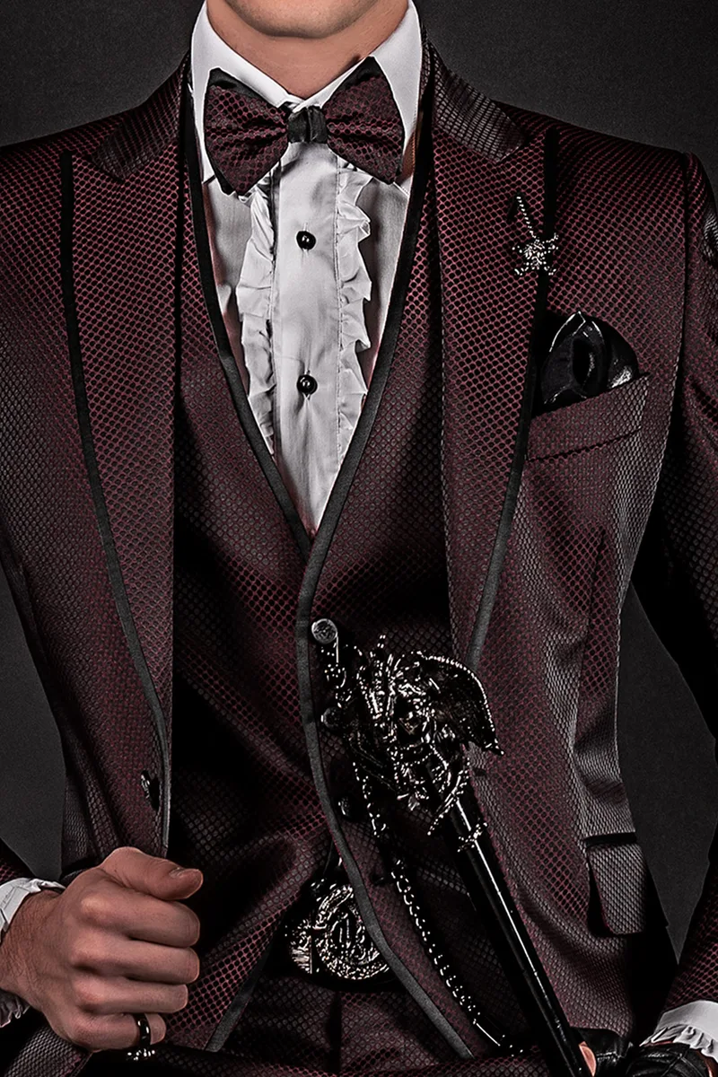 Abito sposo alternativo jacquard rosso e nero moda uomo 2