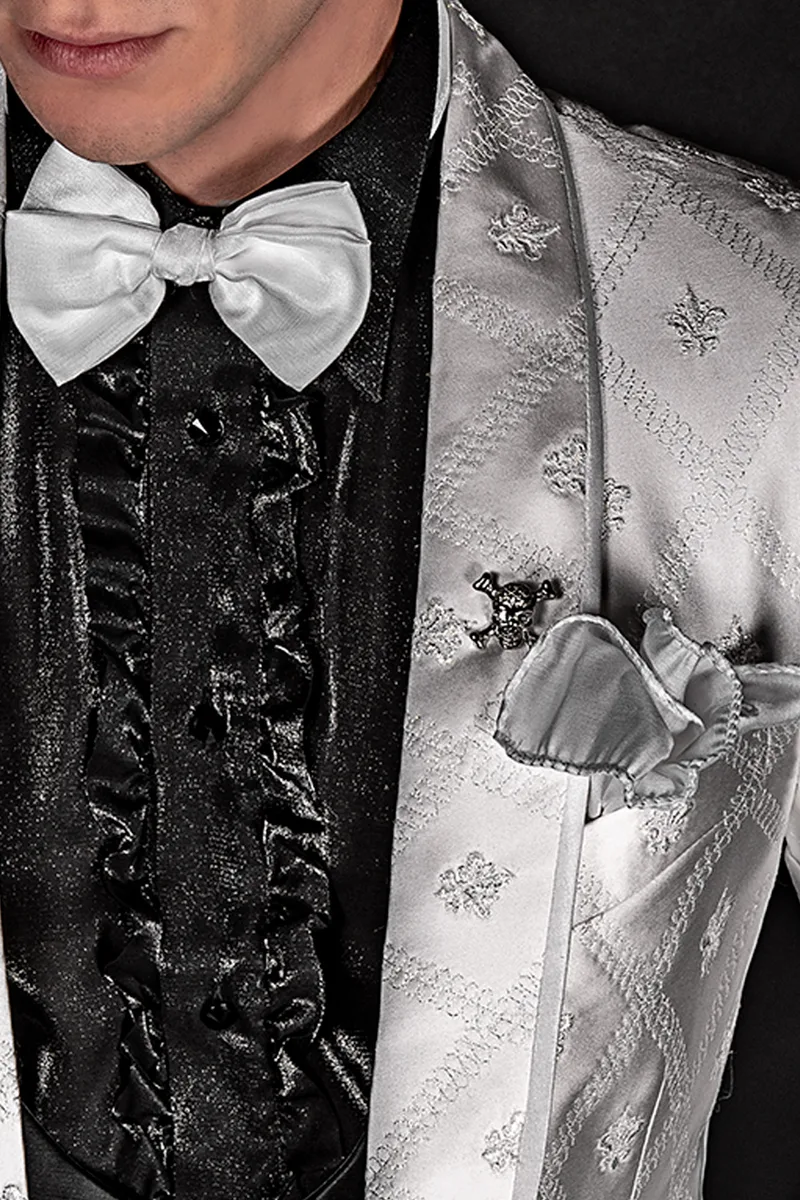 Giacca uomo in raso bianco ricamata, pantalone e gilet nero 3