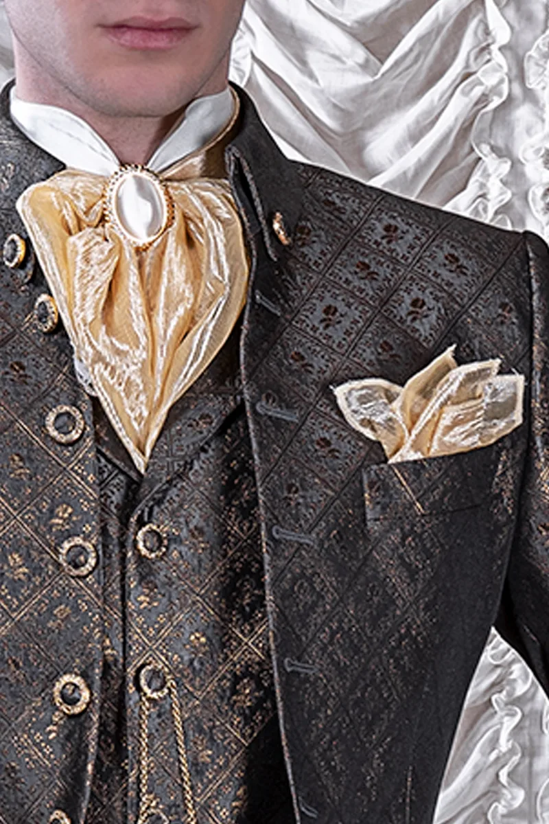 Abito da sposo barocco broccato grigio e oro collo Napoleone 3