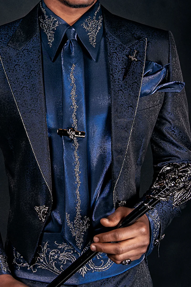 Frac sposo uomo damascato blu con strass matrimonio gotico 2
