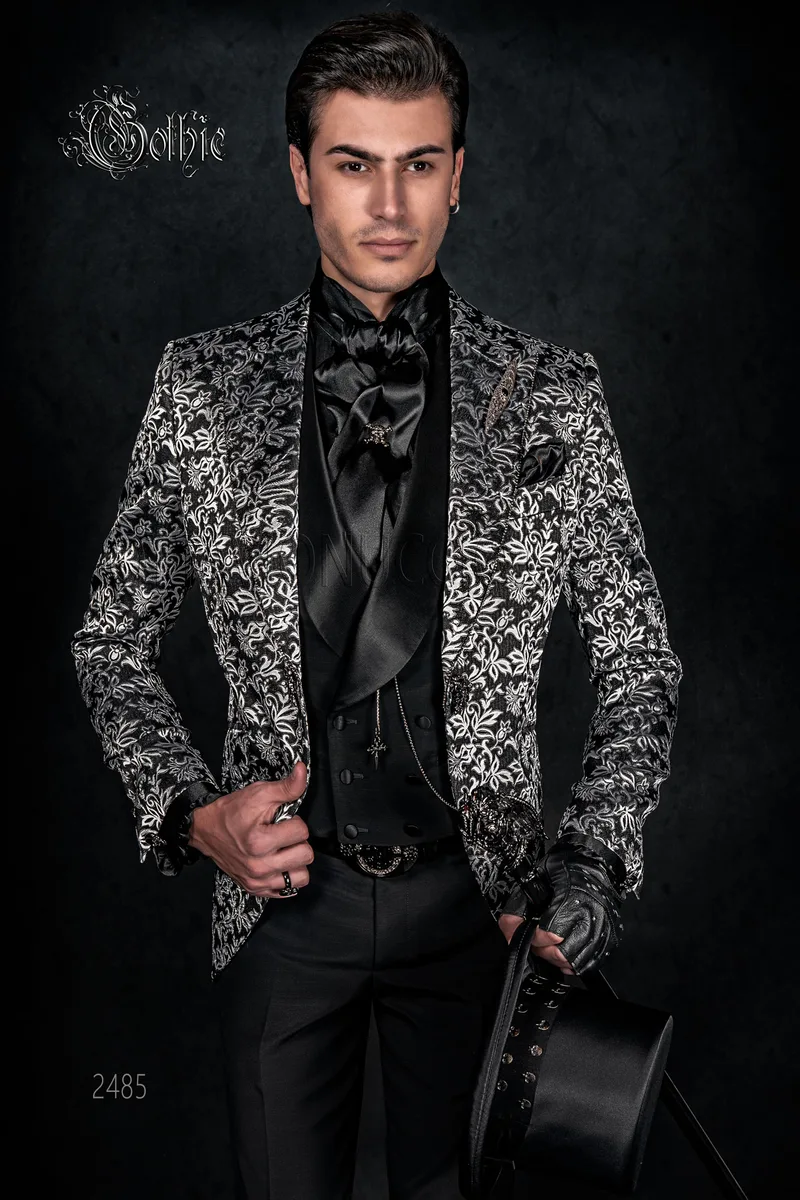 Abito uomo broccato nero argento con strass per cerimonie gotiche 1