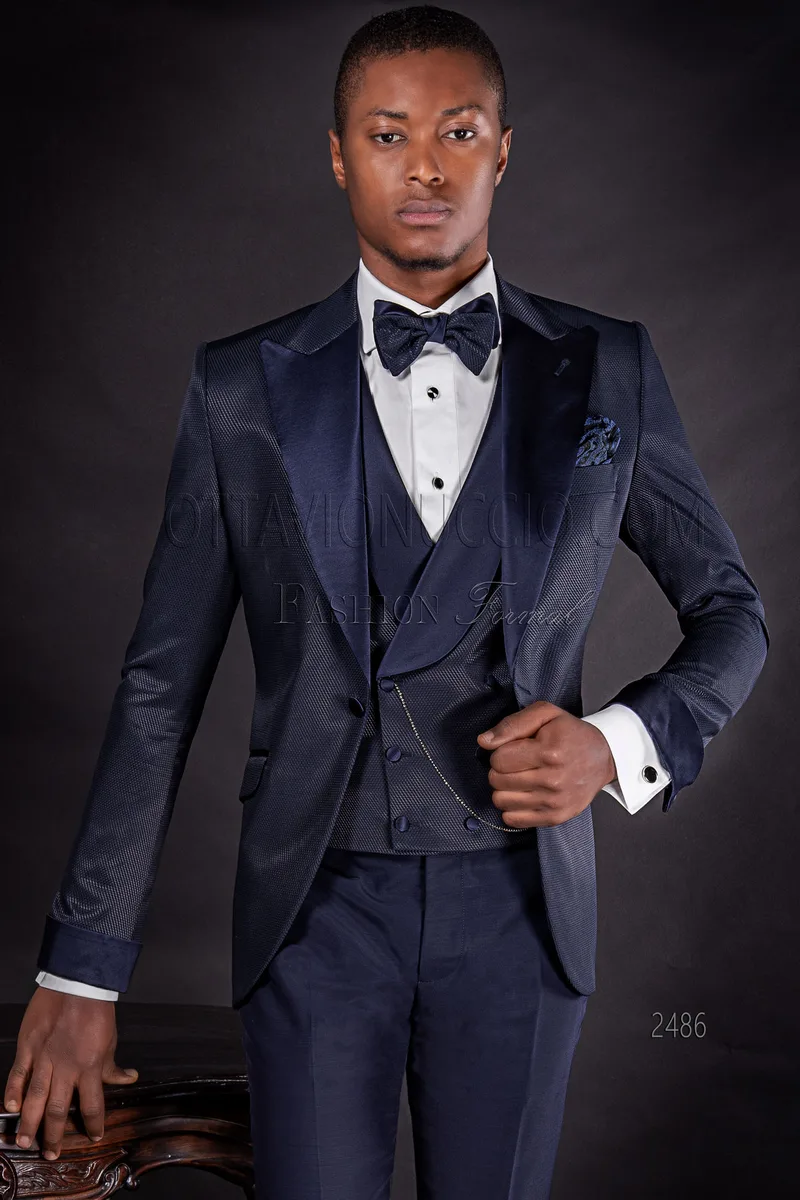 Abito sposo jacquard blu con rever in raso da uomo 1