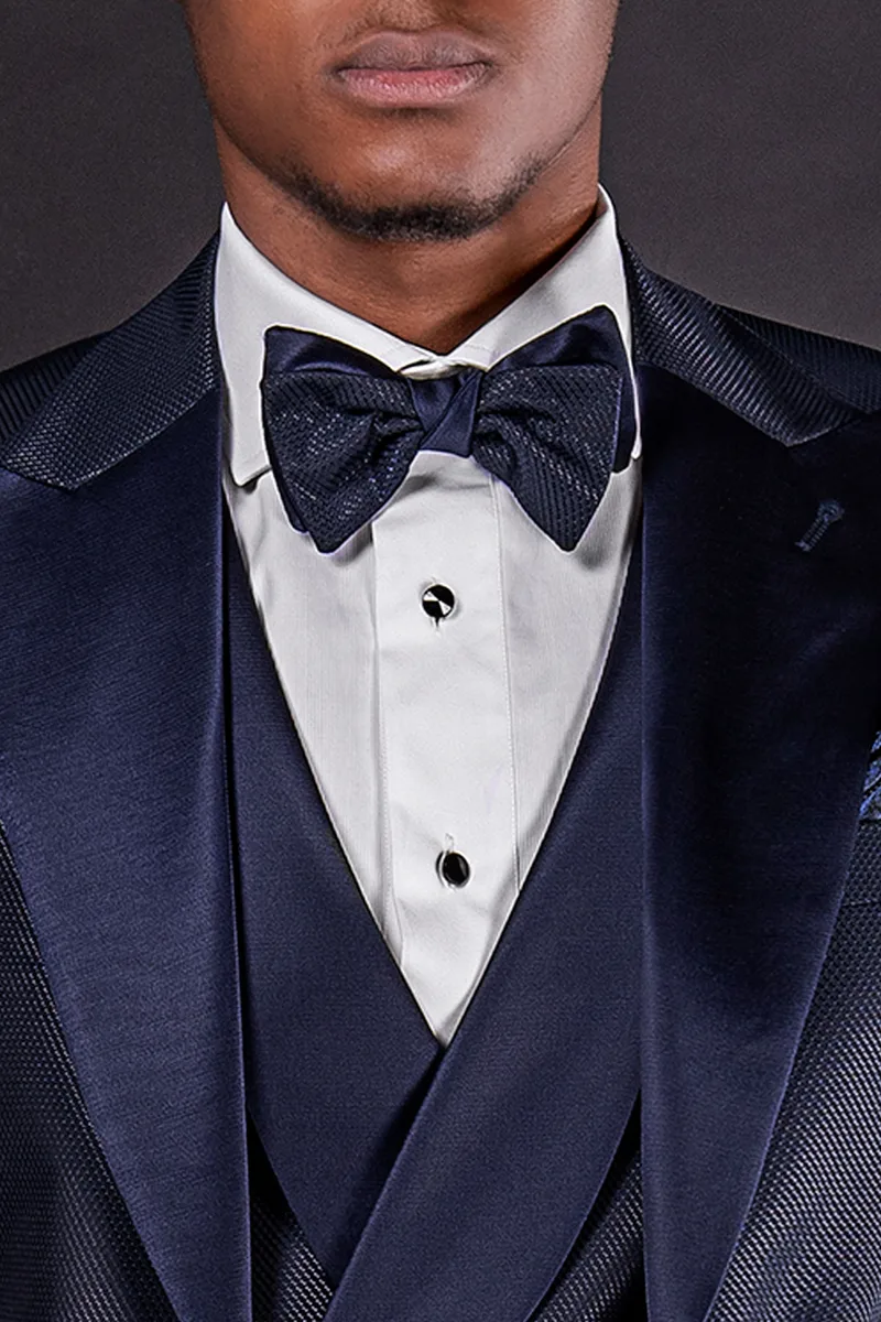 Abito sposo jacquard blu con rever in raso da uomo 2
