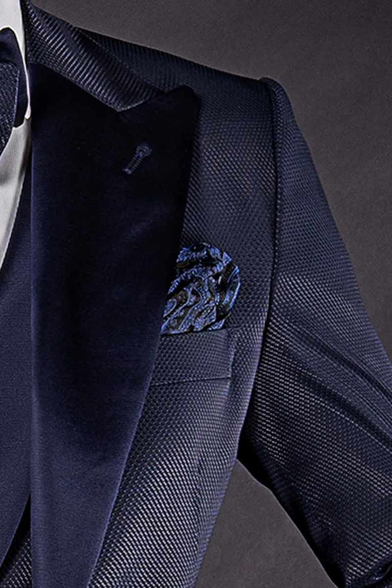 Abito sposo jacquard blu con rever in raso da uomo 4