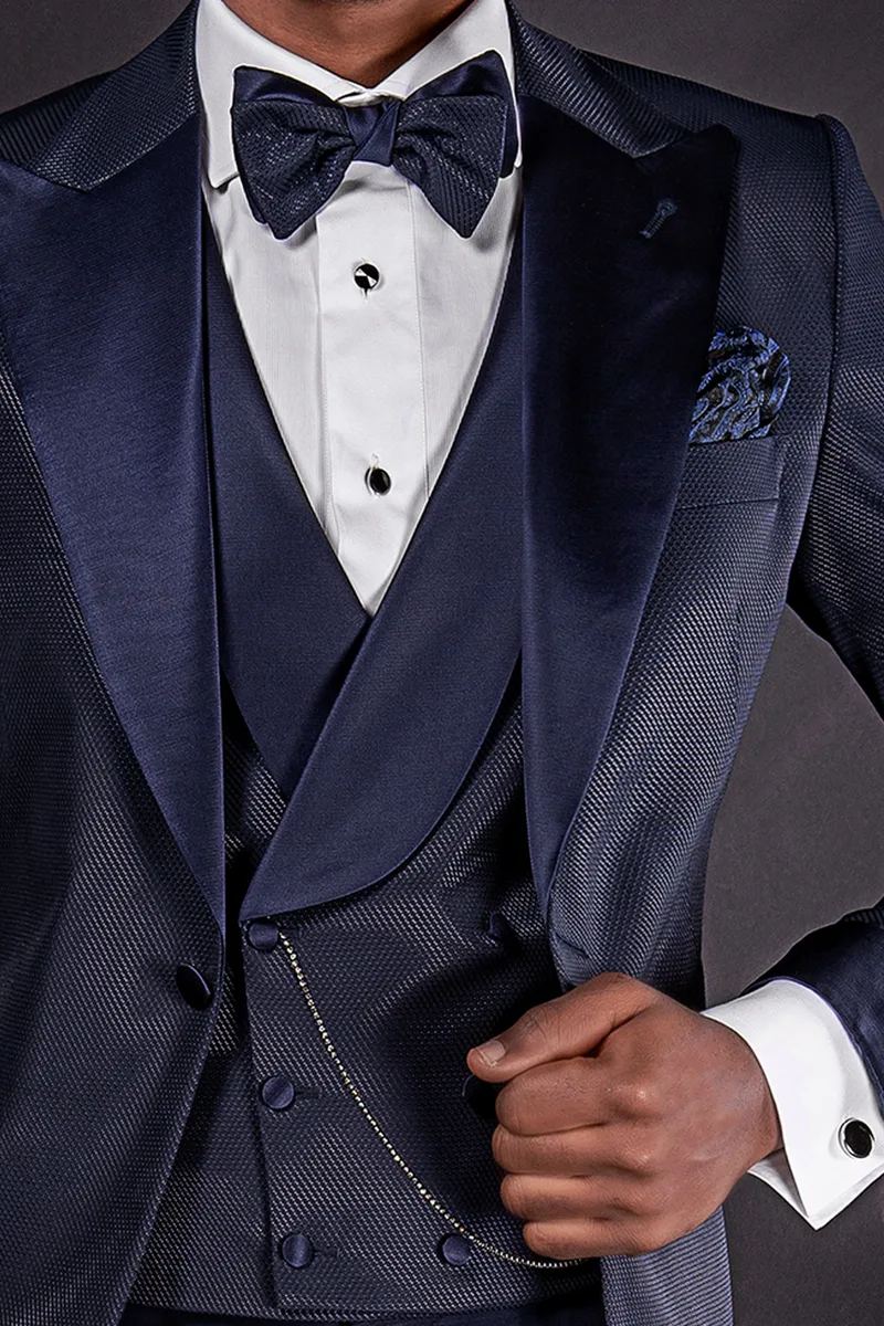Abito sposo jacquard blu con rever in raso da uomo 3