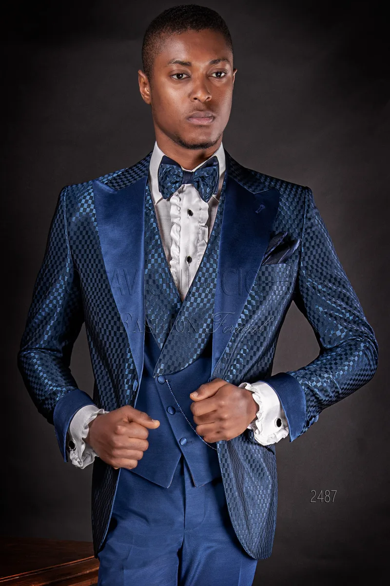Vestito sposo uomo fashion tessuto jacquard blu a quadri 1