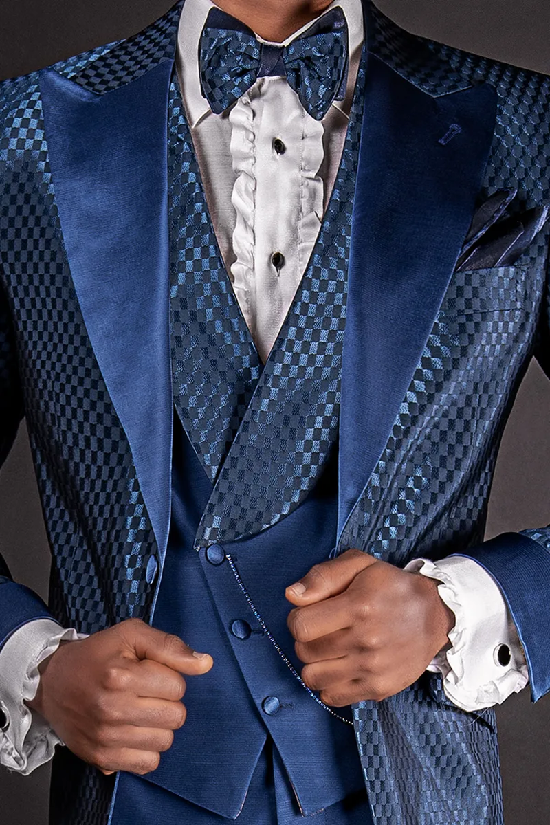 Vestito sposo uomo fashion tessuto jacquard blu a quadri 2