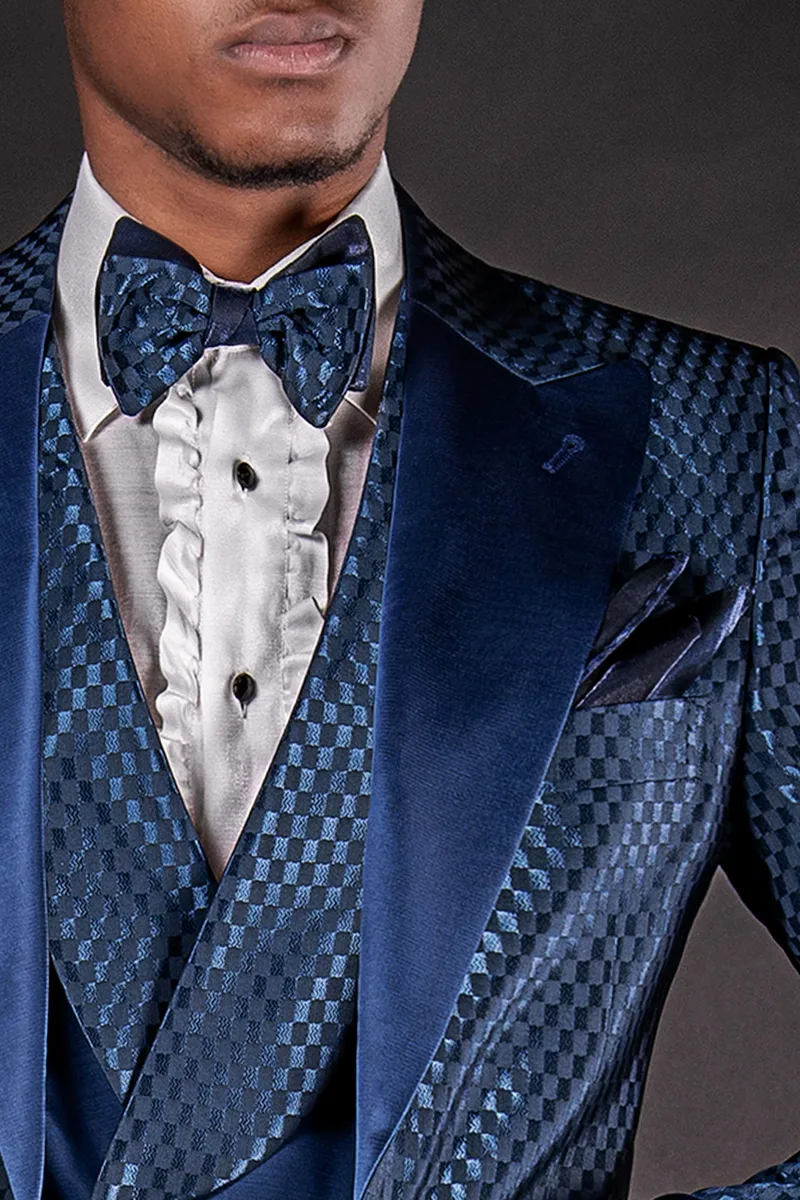 Vestito sposo uomo fashion tessuto jacquard blu a quadri 3