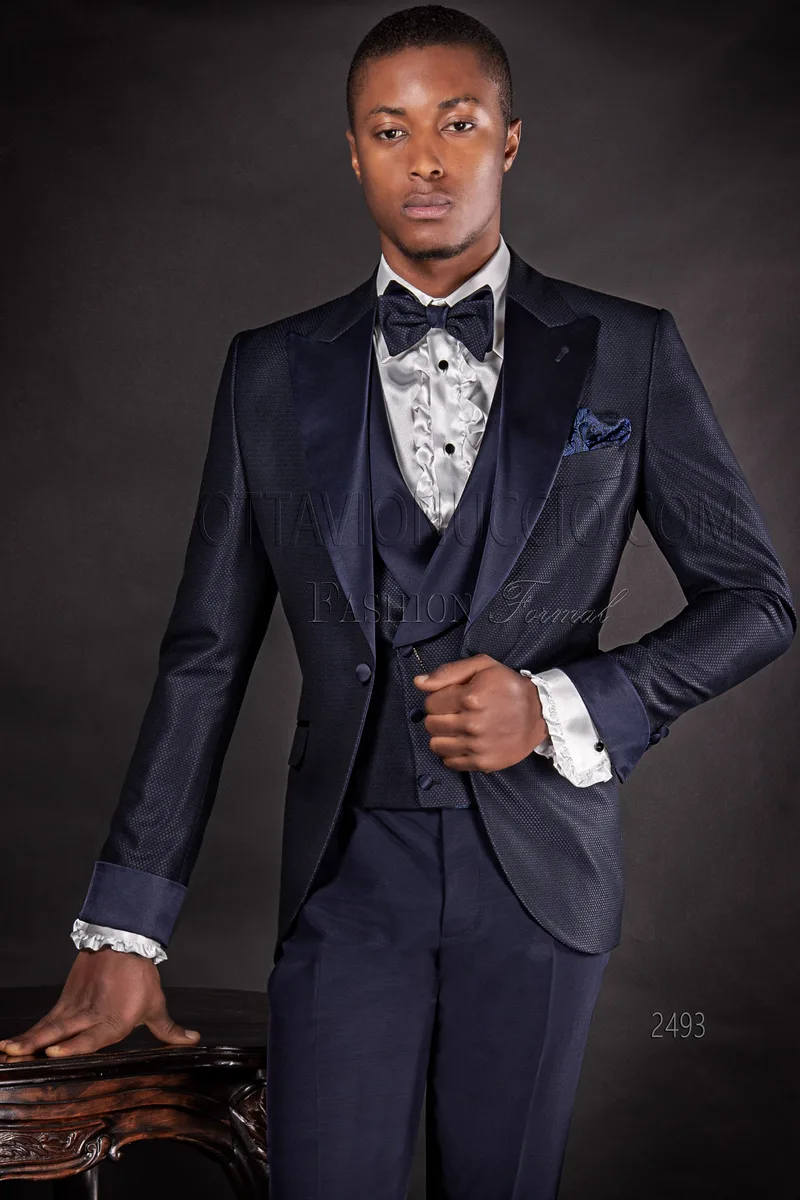 Abito da cerimonia sposo in jacquard blu e pantalone unito 1