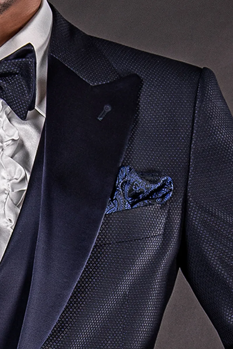 Abito da cerimonia sposo in jacquard blu e pantalone unito 4