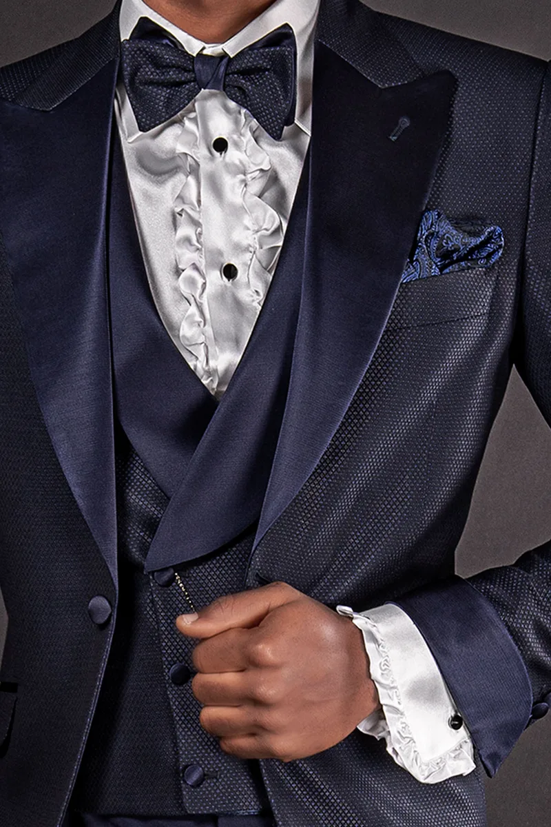Abito da cerimonia sposo in jacquard blu e pantalone unito 3