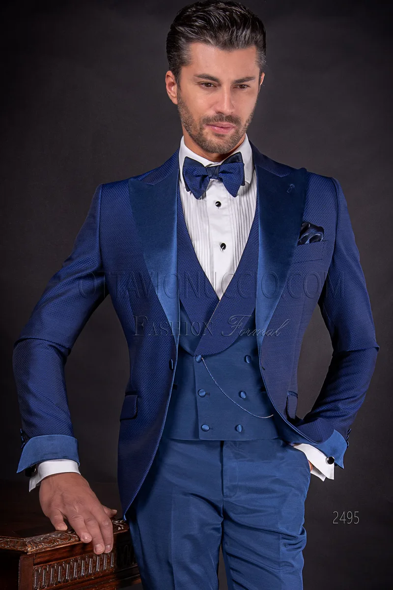 Vestito moda sposo in jacquard blu e contrasti in raso al tono 1