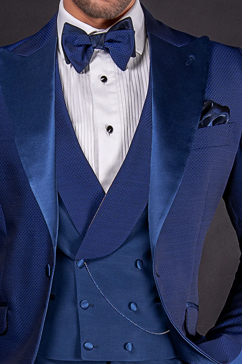 Vestito moda sposo in jacquard blu e contrasti in raso al tono 2