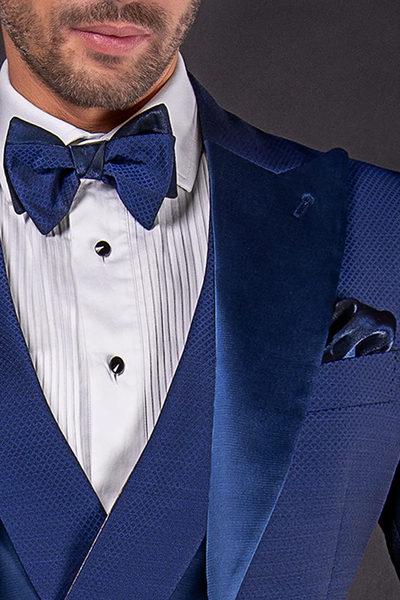 Vestito moda sposo in jacquard blu e contrasti in raso al tono 3