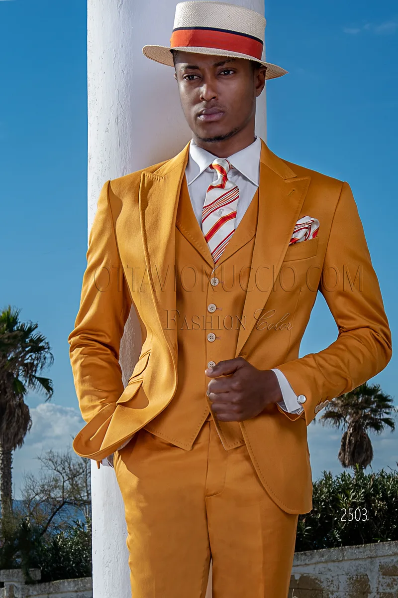 Vestito uomo per matrimonio estivo in raso di cotone giallo 1