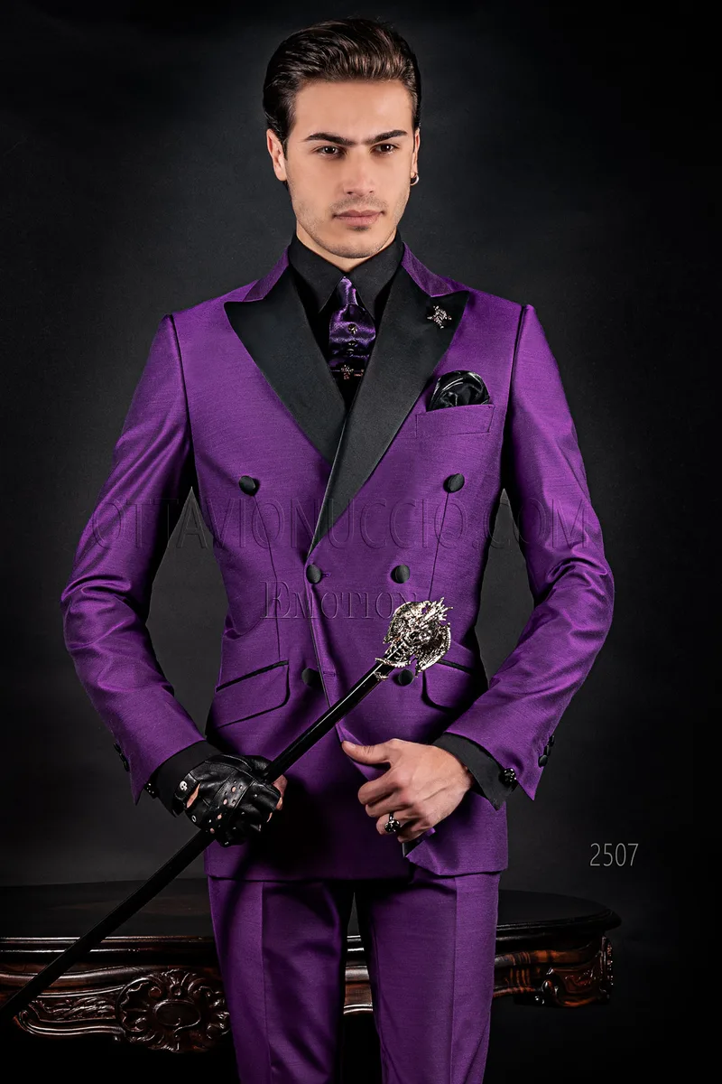 Vestito doppiopetto moderno da uomo misto lana viola e nero 1
