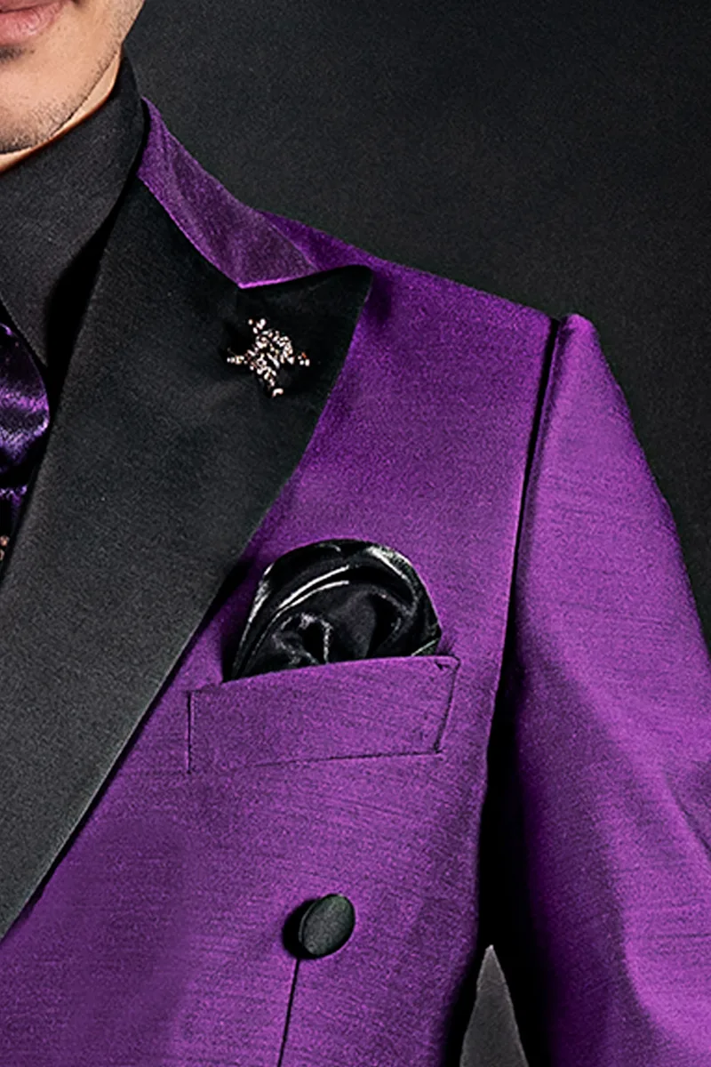 Vestito doppiopetto moderno da uomo misto lana viola e nero 3