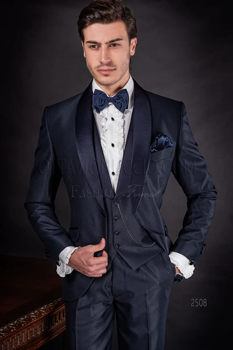 Abito sposo uomo blu fashion su misura con rever sciallato 1